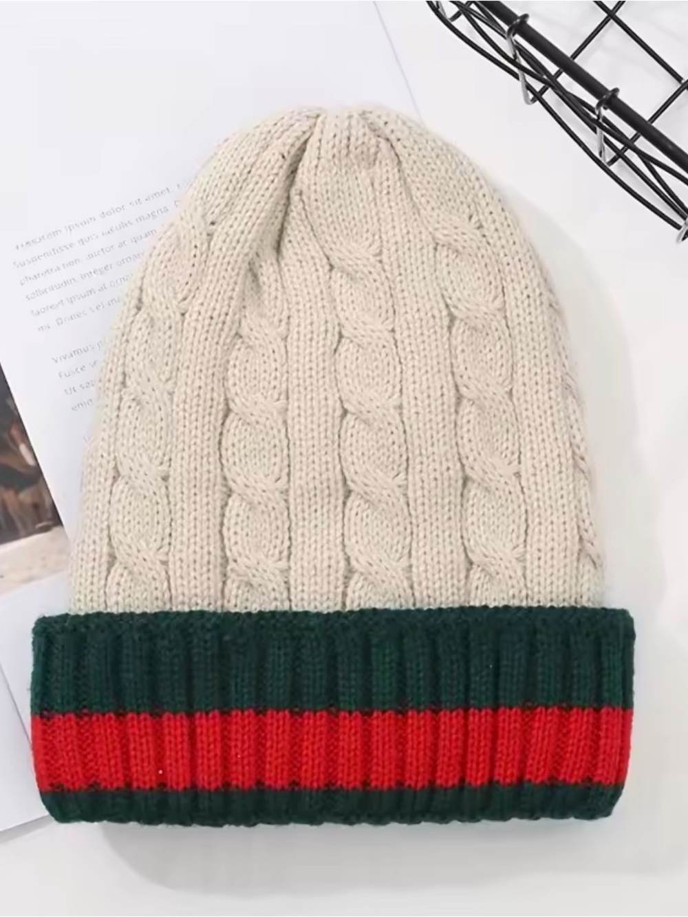 Cable Knit Beanie with Green and Red Stripe